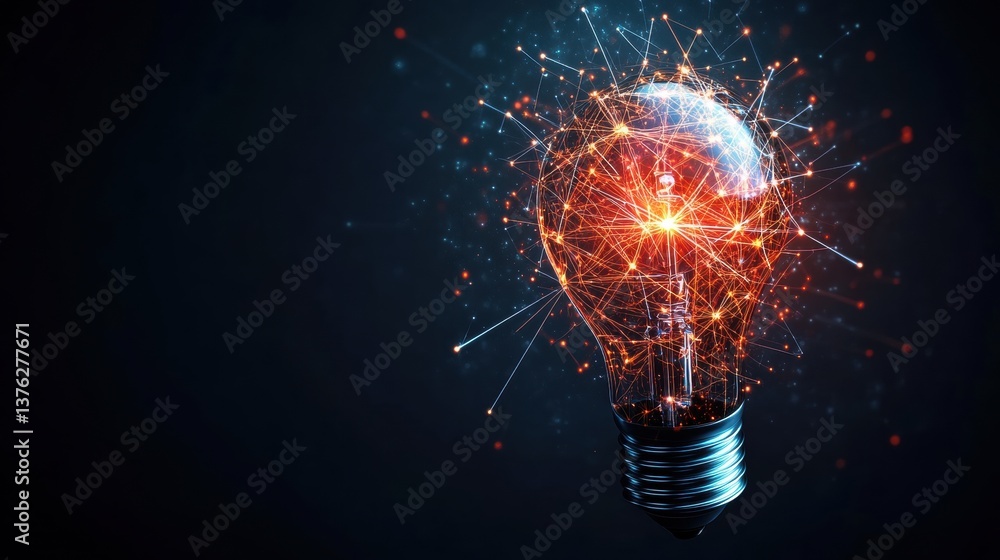 Poster stylized lightbulb design with interconnected nodes and radiant energy lines glowing against a dark 
