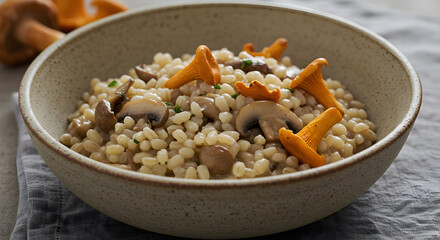Fototapeta premium Delicious organic barley risotto with wild mushrooms, served in a rustic bowl close-up