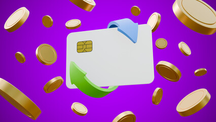 Credit card in round arrow with gold coins on purple background. Blank card mock up. Floating blank card and gold coins. Electronic funds transfer. Money and investments. Money transfer concept.
