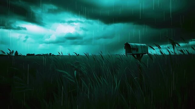 Rain falls over lonely rural mailbox in dark moody field at dusk. Seamless looping 4K video background
