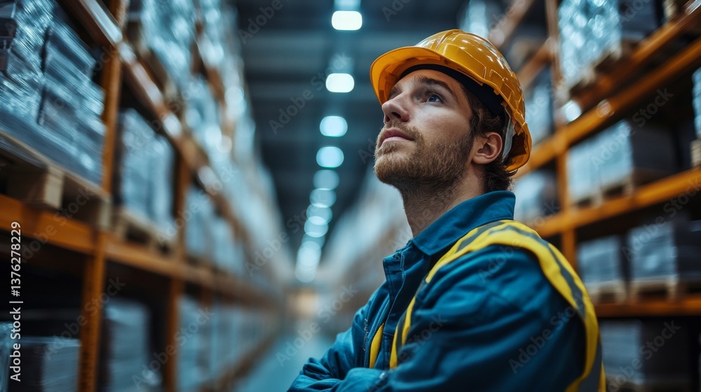 Leinwandbilder a logistics professional in a hard hat analyzes warehouse processes amidst organized shelves. the fo