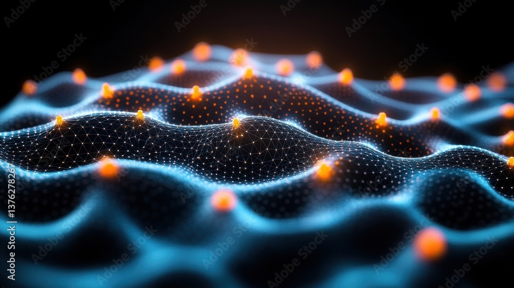 Poster abstract close-up of a digital surface with interconnected points of light and glowing orange nodes 