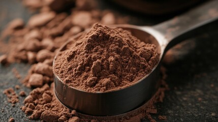Measuring Spoon Filled with Chocolate Protein Powder