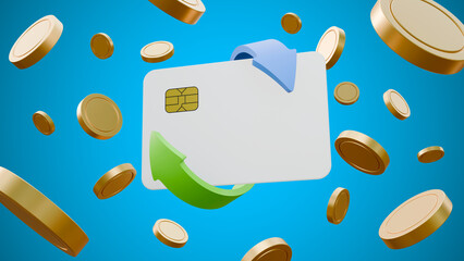 Credit card in round arrow with gold coins on blue background. Blank card mock up. Floating blank card and gold coins. Electronic funds transfer. Money and investments. Money transfer concept.