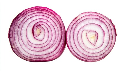 Two sliced red onions.  Close-up view of cross-sections revealing concentric rings of vibrant red and white layers