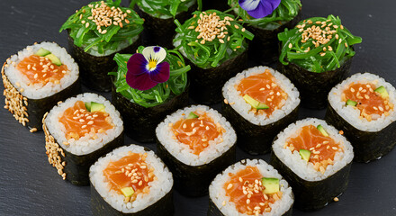 Artistic presentation of assorted sushi rolls adorned with flowers and sesame