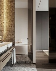 Luxury hotel bathroom interior with wall hung toilet, double sink and accessories. Restroom and washbasin in modern studio apartment. 3D rendering