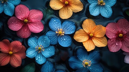 Obraz premium Colorful flowers floating on dark water with water droplets.