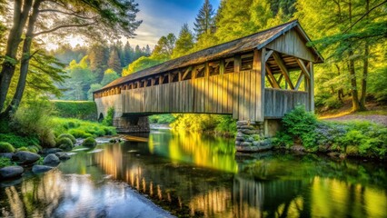 Serene Wooden Covered Bridge Spanning a Tranquil Stream in a Lush Green Forest at Dawn