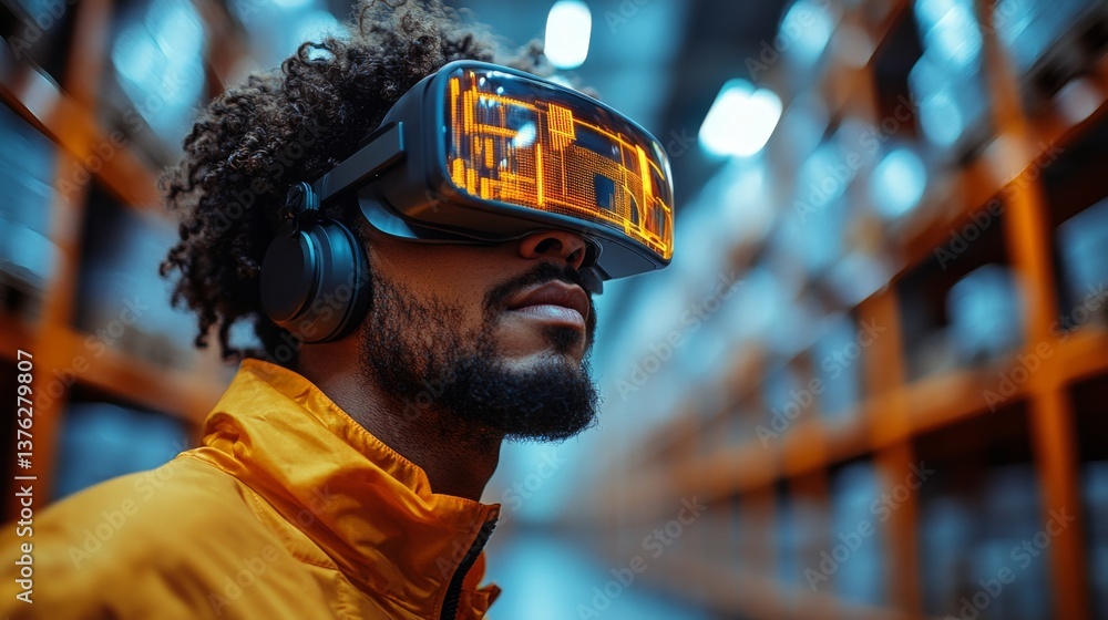 Poster a worker engages with virtual reality technology in a warehouse filled with organized shelves, highl