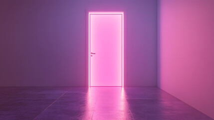 A neon-lit door in a dimly lit room with pink and purple hues