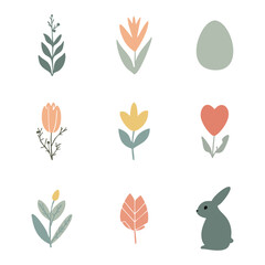 Colorful Easter icons in a minimalist style. Spring holidays.