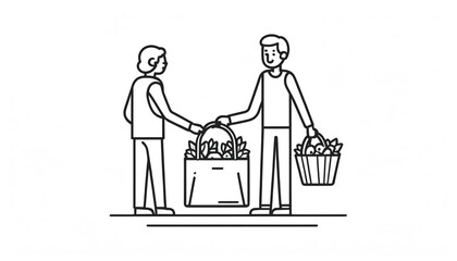 The person delivers the groceries in a caring and friendly manner, while exchanging a positive handshake.