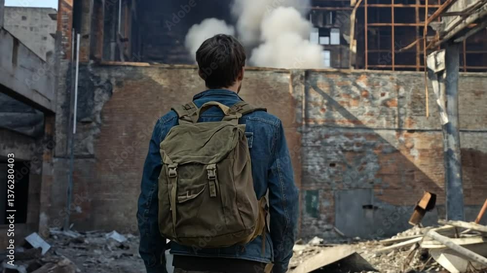 Poster Man With Backpack Exploring Abandoned Warehouse at Twilight Generative AI
