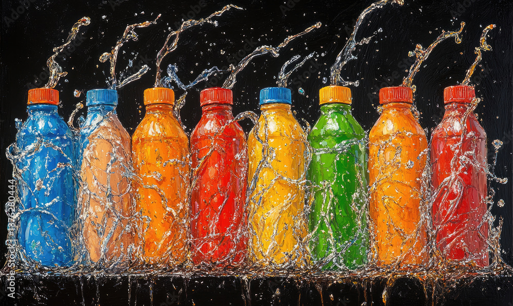 Poster vibrant oil painting of seven colorful plastic bottles splashing in water, creating dynamic movement