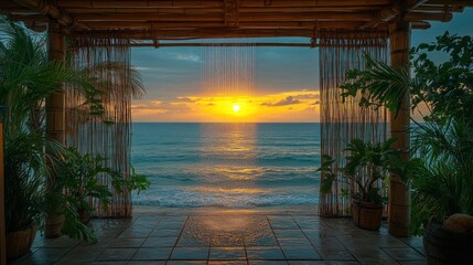 Sunset ocean view from a bamboo outdoor shower.