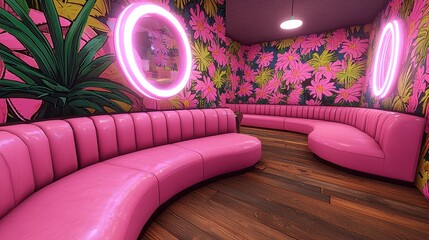 Pink Pixel Art Room Interior with Curved Sofas and Neon Rings