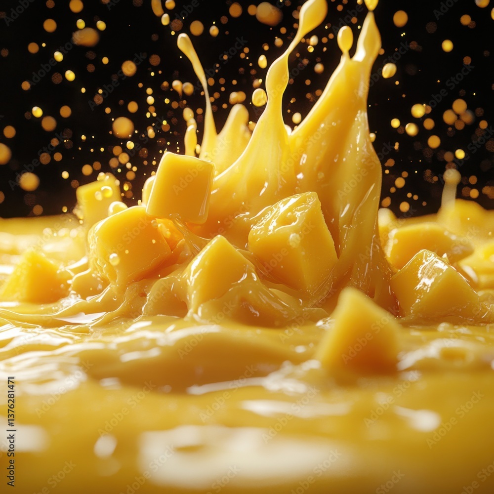Poster a vibrant splash of yellow liquid with chunks, creating a dynamic and appetizing scene against a dar
