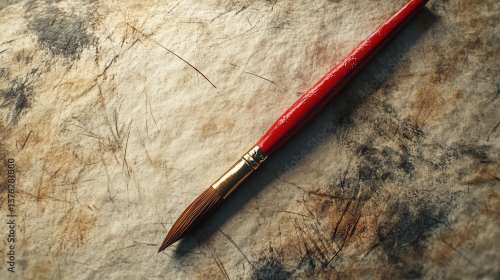 Poster a close-up image of a red paintbrush resting on a textured surface, showcasing the fine bristles and