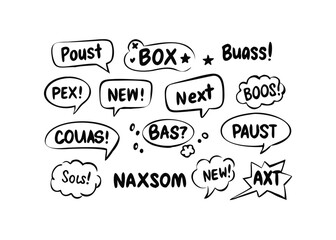 Set of Black and White Comic Speech Bubbles with Various Words