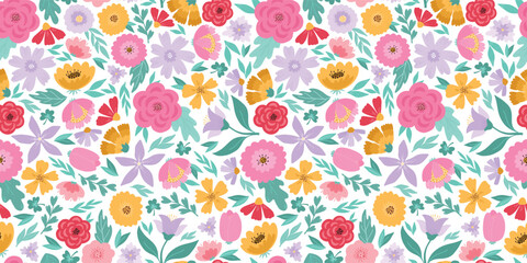 Calico floral seamless pattern, cute colorful flowers and leaves repeated wallpaper, textile prints, stationery background, wrapping paper, digital paper, etc. EPS 10