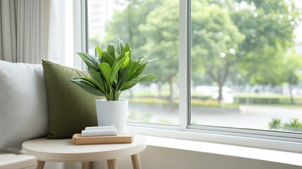 Fototapeta premium Mindfulness Mental Health Awareness Concept. Cozy indoor scene with a plant by a window and natural light.