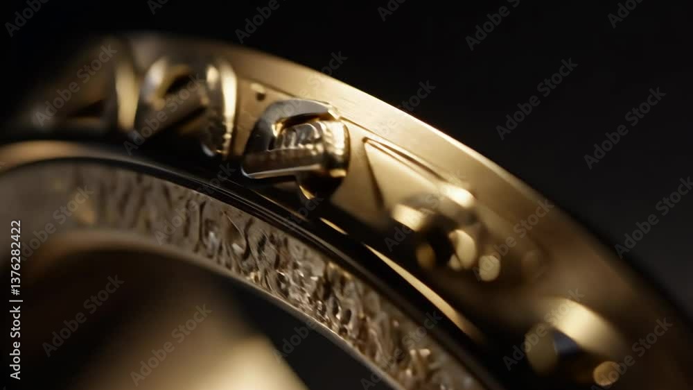 Poster a gold band with intricate designs on it. the band is made of gold and has a unique pattern engraved