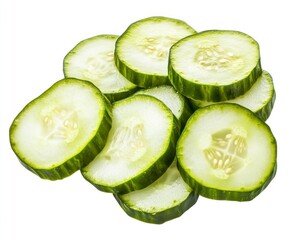 Pile of Fresh Cucumber Slices Isolated on White Background Ready to Eat