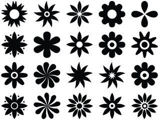 Set of flower diagrams with petals and core. Floral pie chart divided on equal segments in leaf shapes isolated on white background.