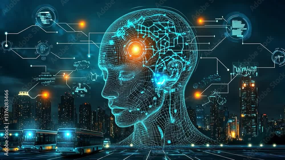 Poster futuristic neural implants transform healthcare with advanced technology in urban setting