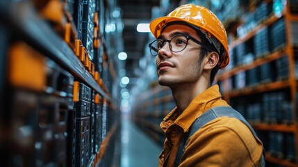 A young worker wearing safety gear stands attentively between tall storage shelves in a warehouse, analyzing inventory and embracing the efficiency of logistics operations.