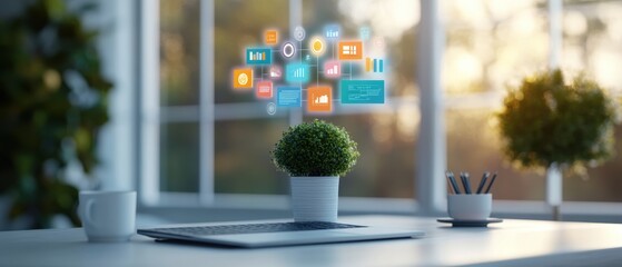 Laptop on desk with coffee cup and potted plant surrounded by colorful digital icons symbolizing data analytics and technology concepts in modern workspace