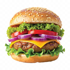 tasty and fresh beef burger with cheese and salad isolated on white background
