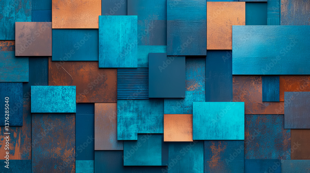 Poster abstract geometric assembly: a harmonious balance of square shapes in deep teal and rust tones, crea