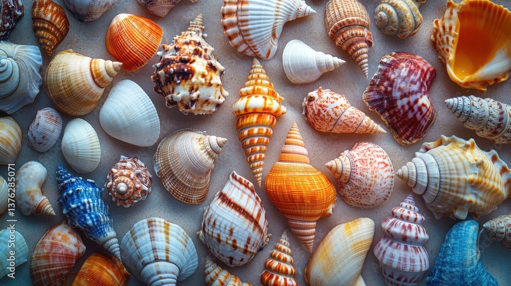 Poster a vibrant collection of various seashells displaying intricate patterns and colors, arranged closely