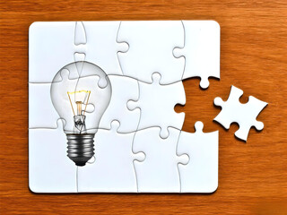 Creative Idea Represented Puzzle Pieces on Wooden Surface. A symbolic representation of creativity...