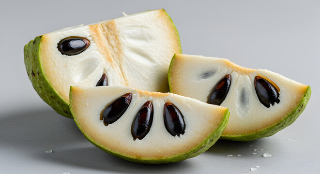 Exotic cherimoya fruit slices displaying textures and contrasting seed details