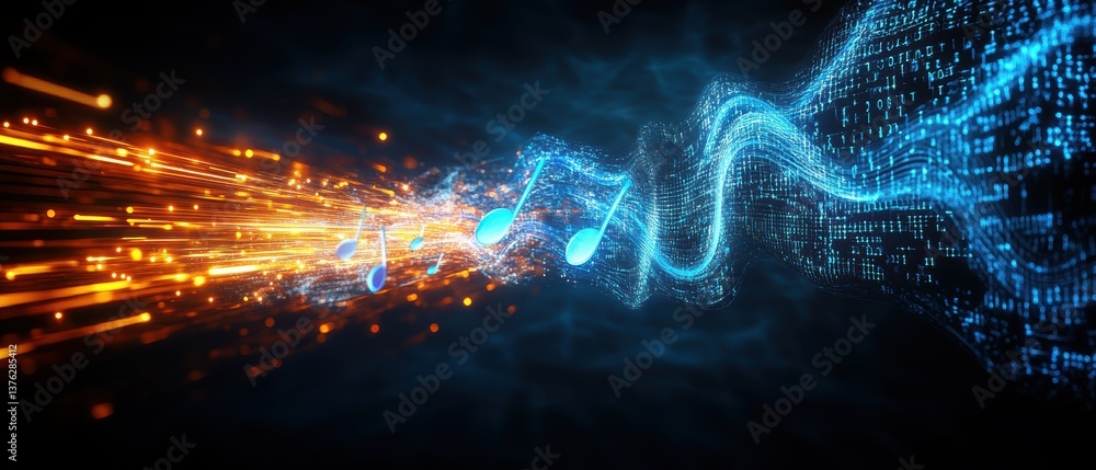 Poster abstract digital art of flowing musical notes in orange and blue as streams of light merging into a 