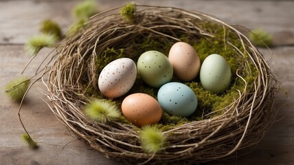 Obraz premium Festive Easter arrangement featuring a rustic nest with colorful eggs, green moss, and delicate feathers