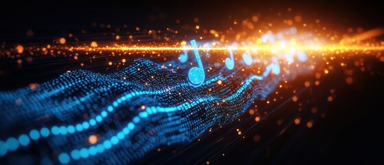 Obraz premium Abstract digital wave of glowing blue particles and musical notes flowing through vibrant orange light streak on a dark background in motion design
