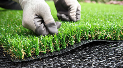 Hands wearing gloves carefully install synthetic grass on a yard, showing close-up detail of the textured artificial turf surface and landscaping process.
