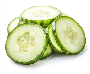Fresh Cucumber Slices Stacked on White Background for Healthy Eating