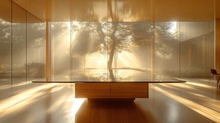 Sunbeams illuminate a minimalist room with large windows overlooking a tranquil garden and a reflecting pool.