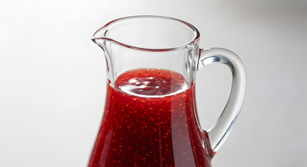 Delicious homemade raspberry vinaigrette in a clear glass cruet for culinary use