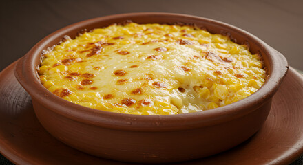 Golden corn and cheese delight baked in rustic earthenware dish for gourmet