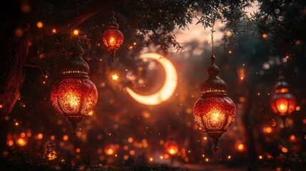 Obraz premium Glowing lanterns illuminate a night scene with a crescent moon and stars.