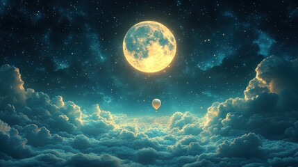 Hot air balloon floats above dreamy clouds under a large, luminous moon and starry night sky.