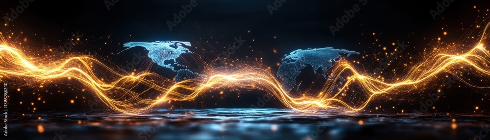 Poster abstract representation of interconnected translucent world maps with glowing energy streams in oran