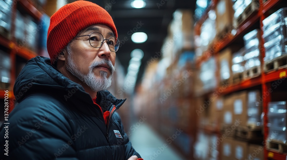 Poster A logistics expert stands thoughtfully in a busy warehouse surrounded by neatly stacked pallets, overseeing the smooth flow of transportation and fulfillment activities during peak hours.