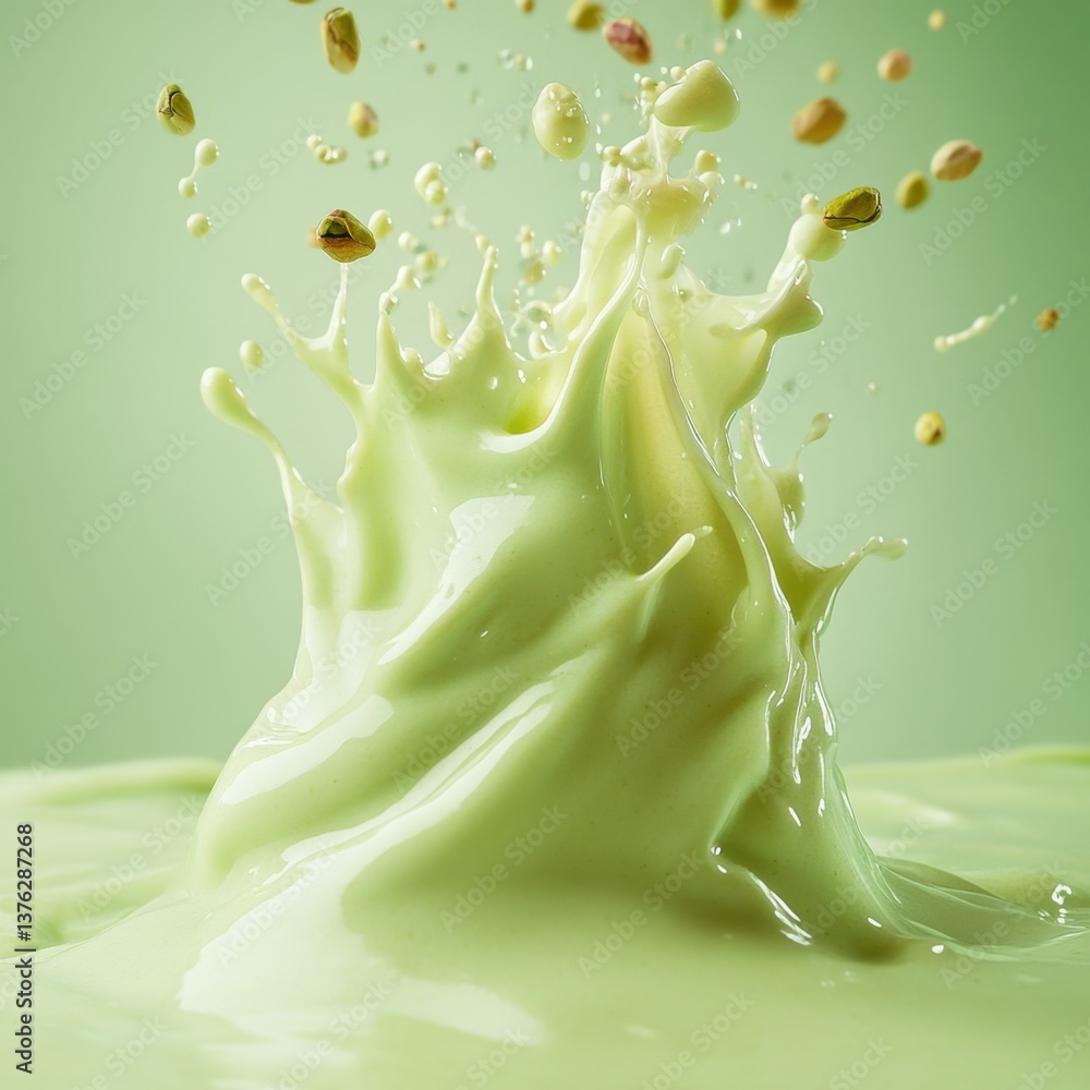 Poster a splash of creamy green liquid with scattered seeds, creating a dynamic and visually appealing scen